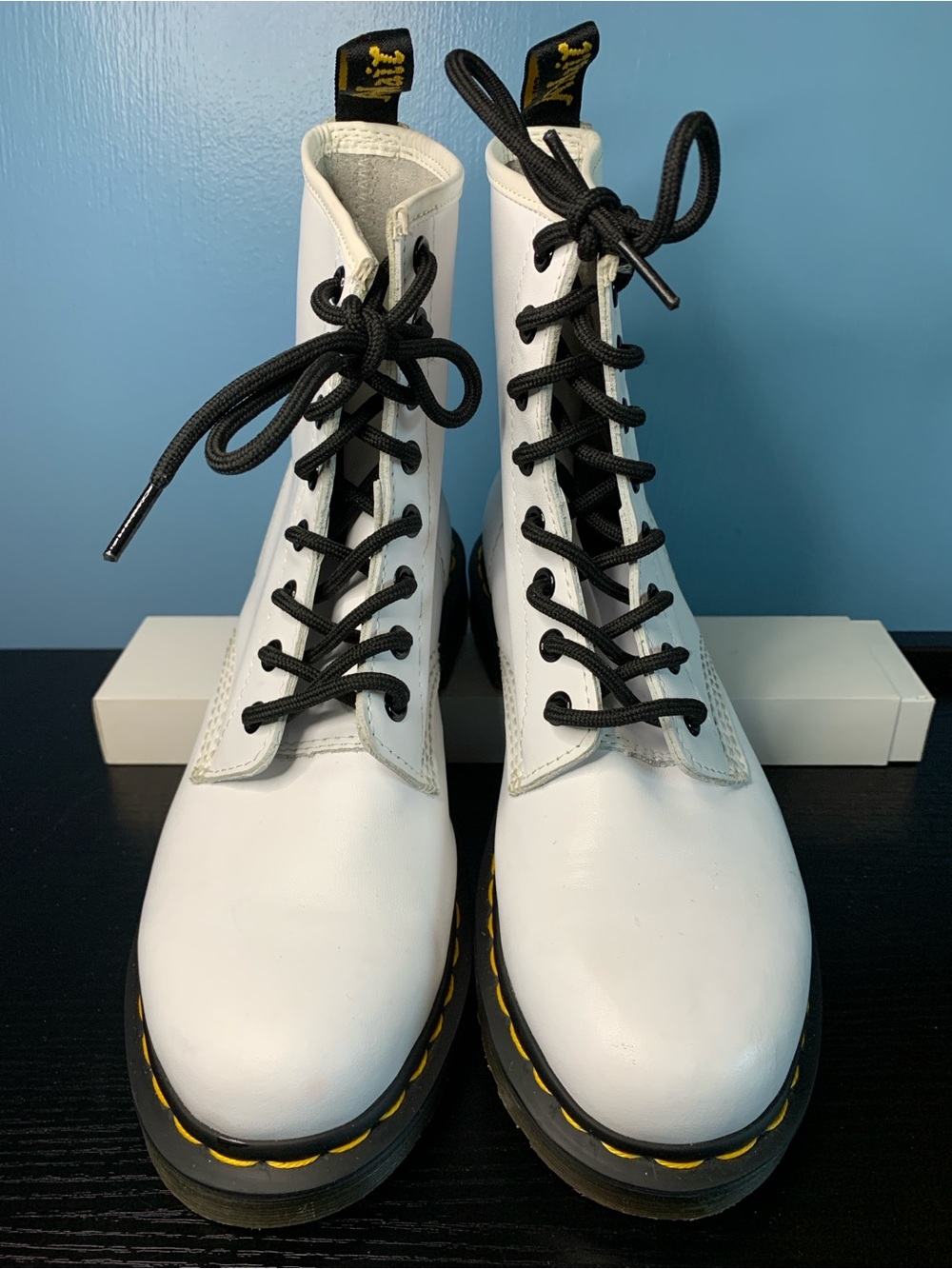 Dr. Martens White Leather Lace-Up Combat Boots with Black Laces